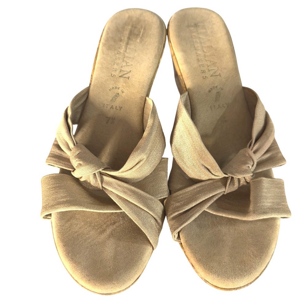 Italian Shoemakers Wedge Sandals Women 7.5 Gold Fabric Knot Cork Platform Boho